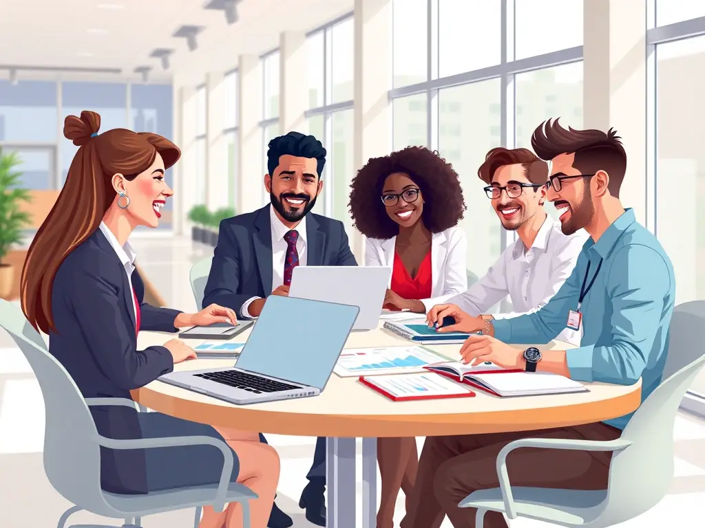 A diverse group of accounting professionals participating in a dynamic coaching session, sharing ideas and collaborating on solutions.